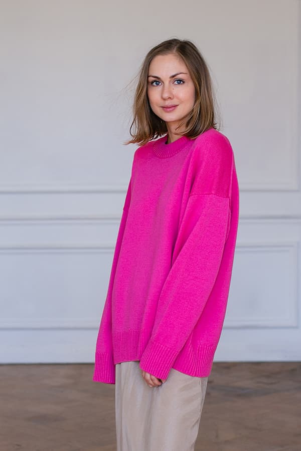 Джемпер оверсайз из гладкой 100% шерсть premium merino wool - Малина