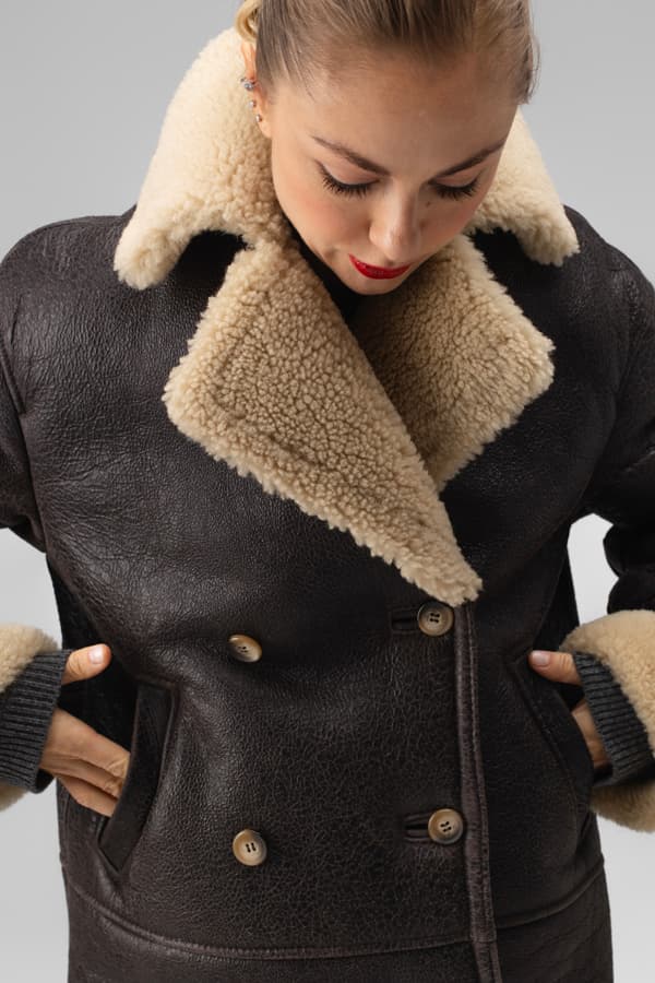Дубленка двубортная из натуральной овчины - Коричневая Vintage
