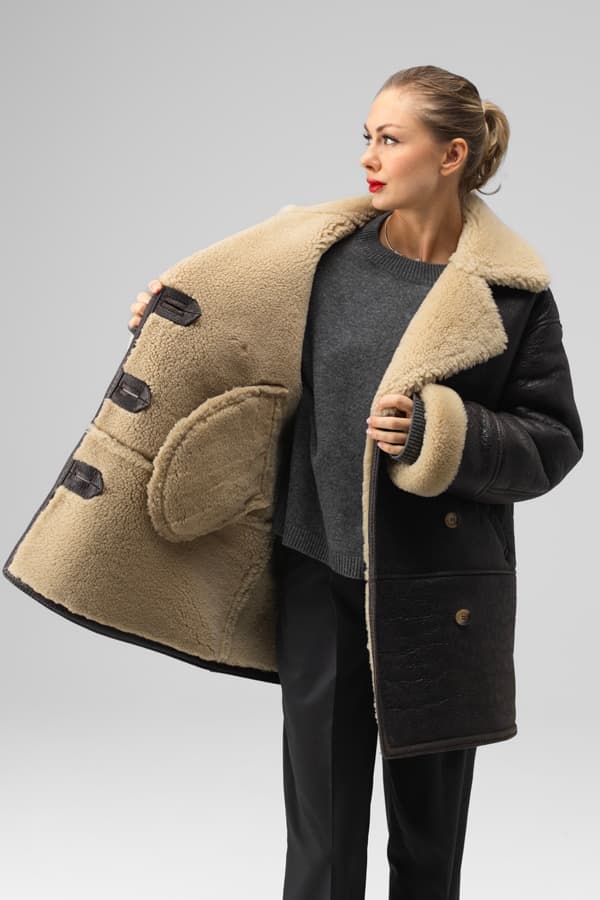 Дубленка двубортная из натуральной овчины - Коричневая Vintage