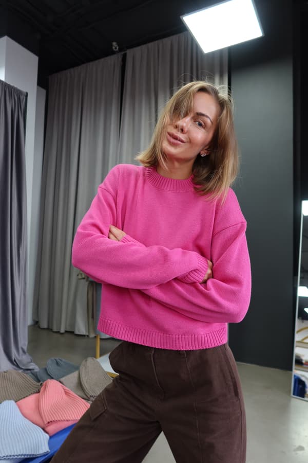 Джемпер укороченный из гладкой 100% premium merino wool - Малина