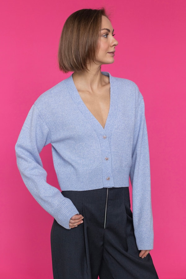 Кардиган укороченный из пушистой 100% шерсть premium merino wool двухцветный - Голубой
