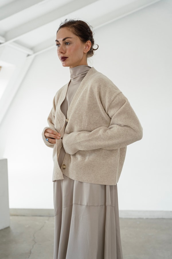 Кардиган оверсайз из пушистой 100% шерсть premium merino wool - Бежевый