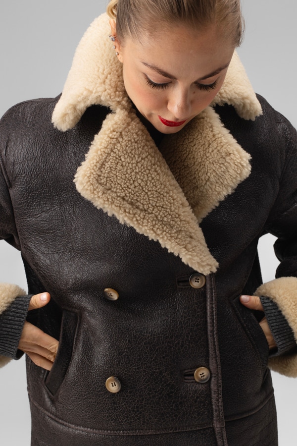 Дубленка двубортная из натуральной овчины - Коричневая Vintage