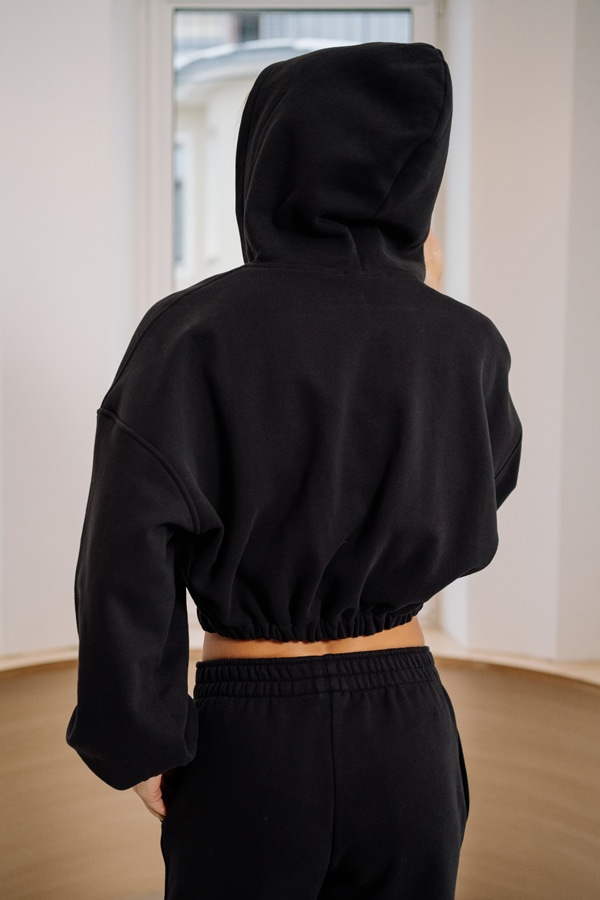ZIP укороченный объемный худи из бархатного футера с начесом - Черный